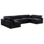 Meridian Furniture - Comfy Upholstered U-Shaped Modular Sectional, Black, 6-Piece: 4 Armless Chair, 2 Corner Chair, Velvet - Give your space a whole new look with this black Comfy velvet sectional. This handsome sectional fits nicely with other items in the Comfy collection and is a versatile seating option designed for adaptability, comfort and style. Wrapped in rich black durable velvet upholstery, this sectional offers a plush embrace of overstuffed down feather cushions, carefully crafted to deliver the highest level of comfort. The perfect seat for creating an oasis for relaxation, this sectional has thick foam surrounding its frame for added support and coziness.