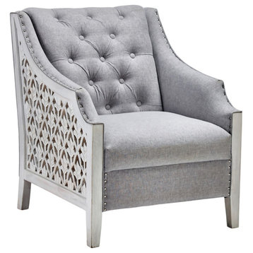 Botanical Lattice Carved Wood Grey Upholstered Lounge Accent Chair