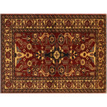 Bareens Designer Rugs - Southwestern Super Kazak Dagny Red/Gold Wool Rug - 3'11'' x 6'2'' - Embellish your home with this exquisitely hand-knotted Kazak Rug made with the finest hand spun wool and all vegetable dyes. Demonstrating incredible attention to detail, this hand-knotted masterpiece features an intricate Kazak pattern in a classic color palette. Made in the Caucasian designs from Russia and the northern Persian empire, each Kazak incorporates distinctive tribal flavor with elements such as the stepped hooted polygons, geometrical medallions, animals and rosettes. The straight, clean lines and bold tones embody the weaving style of the Armenian and Afghani weavers known for these iconic designs. This magnificent rug featuring soft luscious pile and is made with handspun wool and natural dyes to produces soft luminous shades causing a beautiful sheen. With geometric designs and bold vibrant saturated colors predominately blues, reds, greens, and gold make a bold statement in any decor. The construction technique used ensures that the designs and colors Ae capable to withstand heavy traffic area.