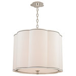 Hudson Valley Lighting - Sweeny, 20-inch  Pendant, Polished Nickel Finish, White Faux Silk Shade - With gently bowed sides and a soft neutral tone, Sweeny's fabric shade invokes the welcoming minimalism of modern design. Decorative canopies mirror the shade's seashell curves, while egg-shaped chain-links and finials further the exploration of organic form. We complete the fixtures with a plate glass diffuser that ensures Sweeny looks great from every angle.