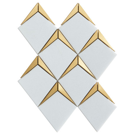 10-Pieces of Thassos White Kite Shape With Gold Metal Mosaic Tile