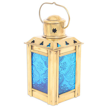 Novica Handmade Lantern In Blue Glass And Brass Tealight Holder
