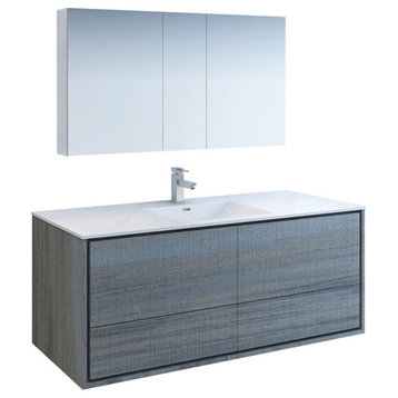 Fresca Catania 60" Wall Hung Single Sink Wood Bathroom Vanity in Ocean Gray