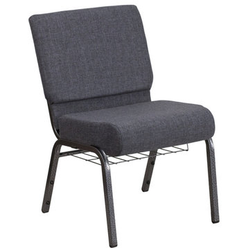 HERCULES 21''W Church Chair in Dark Gray Fabric,Book Rack - Silver Vein Frame