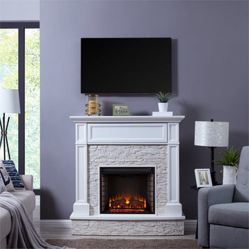 Bowery Hill Faux Stone Electric Fireplace TV Stand in White Finish