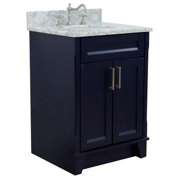 25" Single Sink Vanity, Blue Finish With White Carrara Marble And Oval Sink