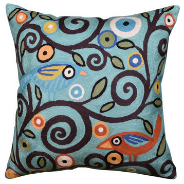 Klimt Tree Of Life Pillow Cover Birds Teal Blue Toss Pillows Handmade Wool 18x18