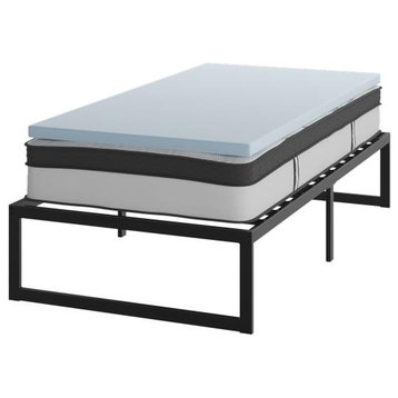 14" Metal Platform Bed Frame, 10" Pocket Spring Mattress & Memory Foam Topper, Black, Twin