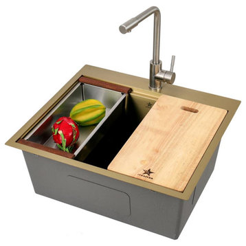 Workstation Top Mount/Drop-in Matte Stainless Steel Sink, Gold, 25x22x10
