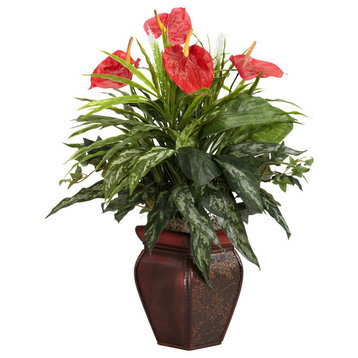 Mixed Greens and Anthurium With Decorative Vase Silk Plant