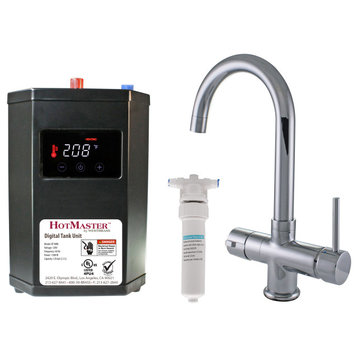 Contemporary 14" Hot and Cold Water Faucet With HotMaster DigiHot Digital Tank, Polished Chrome
