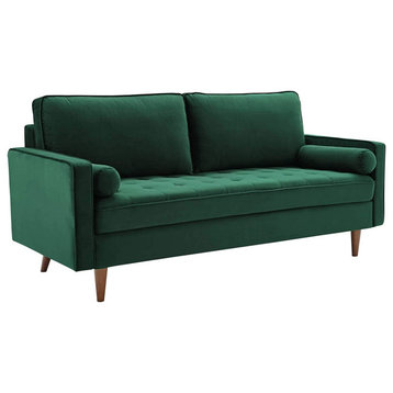 Contemporary Sofa, Green Velvet Upholstery With Tufted Seat and Bolster Pillows