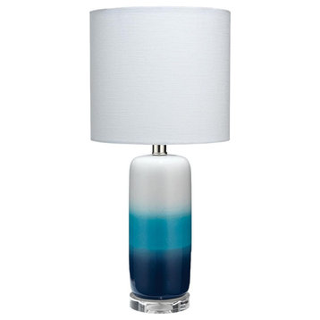 Striped Blue Ombre Ceramic Table Lamp 21.5 in Dark Light White Cylinder Coastal