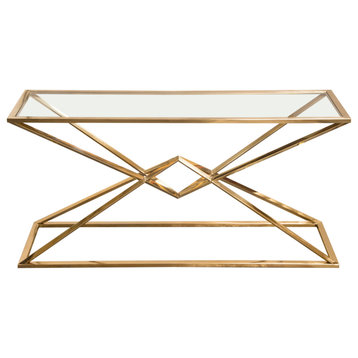 59"-18" Rectangular Long Gold Console Table Tempered Glass Top