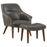 OSP Home Furnishings - Waneta Chair and Ottoman, Pewter Faux Leather With Medium Espresso Legs - Make a sophisticated, Mid-Century Modern, statement with our Waneta Chair and Ottoman Set. Elegant, contoured, high back, open-angled arms and a tall, tapered leg design, offer a refined, tailored stance and the matching ottoman invites a casual, relaxed attitude. A perfect pair for the family room or living room yet urban enough for apartment living. Create your own contemporary style with our trending colors in easy care 100% Polyester fabric.Quick and easy delivery, and assembly offers instant gratification.