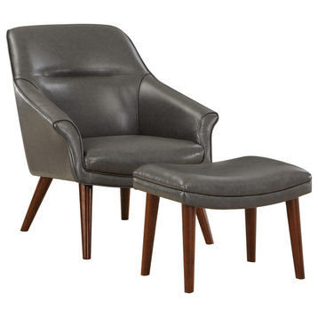 Waneta Chair and Ottoman, Pewter Faux Leather With Medium Espresso Legs