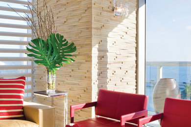 Inspiration for a mid-sized transitional formal travertine floor and beige floor living room remodel in New York with beige walls