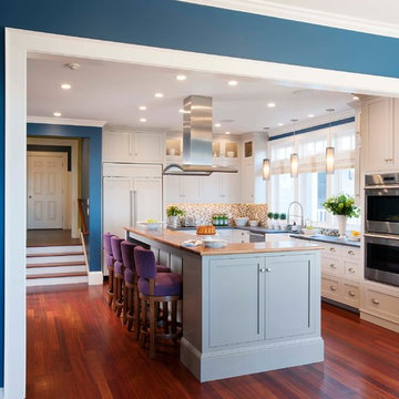 Desired White Kitchen w/ Gray Island & Pantry!