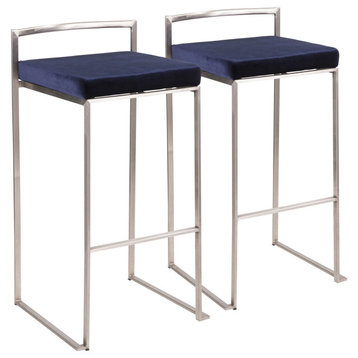 Set of 2 Bar Stools, Open Metal Frame With Velvet Seat, Stainless Steel/Blue