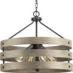 Progress Lighting - Gulliver 4-Light Pendant - Three circular bands wrap together to create an open design in Gulliver. Hand painted to emulate weathered driftwood, the Graphite frame is accented by smooth knobs and encases exposed bulbs. The wood grained texture complements rustic farmhouse home decor.