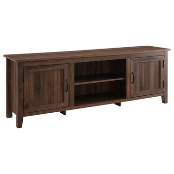 Farmhouse TV Stand, 2 Grooved Cabinet Doors and Open Shelf, Dark Walnut