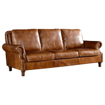 Leather English Rolled Arm Sofa, Light Brown