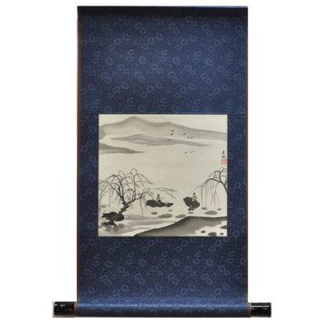 Oxen In Pond Blue Scroll