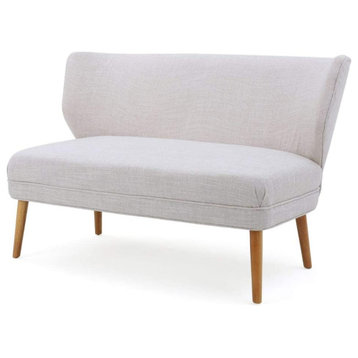 Mid Century Loveseat, Armless Design With Padded Seat & Curved Backrest, Beige
