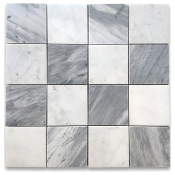 Carrara White Bardiglio Gray 3" Marble Checkerboard Mosaic Tile Polish, 1 sheet