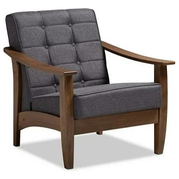 Retro Modern Accent Chair, Walnut Brown Rubberwood Frame and Thick Gray Cushion