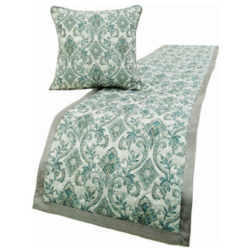 Designer Gray Silk Full 68"x18" Bed Runner and Pillow Cover, Damask Anastasia