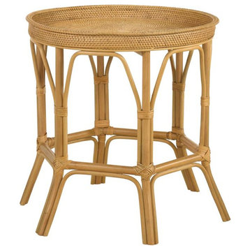 Coastal Side Table, Slender Rattan Legs With Geometric Motif & Tray Top, Natural