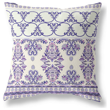 26" X 26" White And Purple Broadcloth Floral Throw Pillow