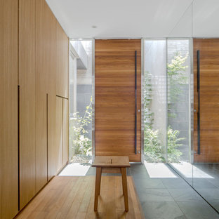 Immagine di un ingresso o corridoio moderno con pareti marroni, una porta singola, una porta in legno bruno e pavimento marrone