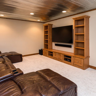 他の地域の大きいトランジショナルスタイルのおしゃれな地下室 (半地下 (ドアあり)、グレーの壁、カーペット敷き、薪ストーブ) の写真