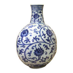 Chinese Blue White Porcelain Flower Graphic Fat Body Vase cs4320 - Vases