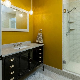 Mid-sized trendy master white tile and subway tile porcelain floor alcove shower photo in Other with flat-panel cabinets, black cabinets, yellow walls, an undermount sink and granite countertops