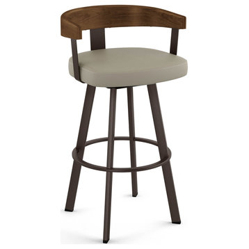 Amisco Lars Counter and Bar Stool, Greige Faux Leather / Light Brown Wood / Dark Brown Metal, Bar Height
