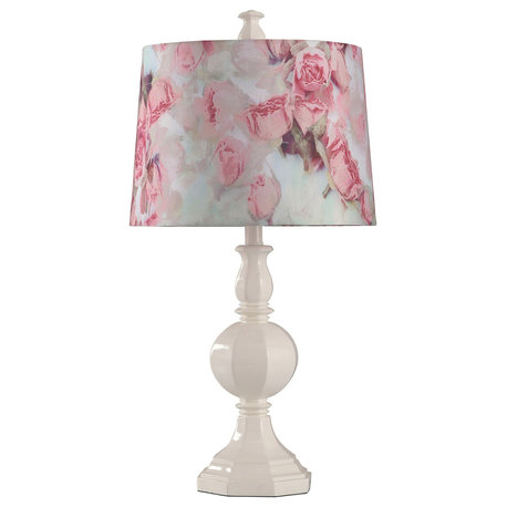 White Poly Res" Table Lamp With Pink and Green Floral Shade