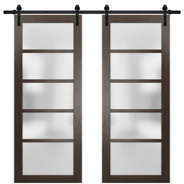 Double Barn Door 60 x 84 Frosted Glass, Quadro 4002 Chocolate Ash, 13' Rail