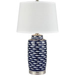Elk Home - Azul Baru Table Lamp - Blue and white fish patterned ceramic table lamp with polished nickel base and white linen hardback shade. Lamp requires one 150 watt E26 A19 medium base bulb not included. UL listed and rated for dry locations only.  Lamp base dimensions are 6.5X6.5X16.5 and the White Linen Fabric Shade is 16 wide by 10 1/2 high. Includes, 3-way switch, 9 inch harp and 66 inches of clear plug in cord.