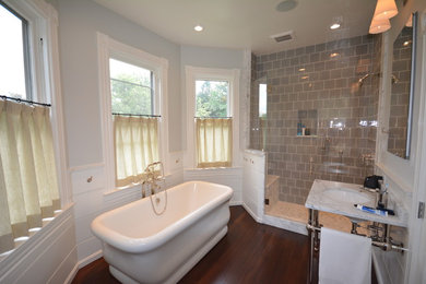 Example of a huge classic master gray tile and porcelain tile dark wood floor bathroom design in DC Metro with an undermount sink, marble countertops, a two-piece toilet and gray walls