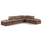 Meridian Furniture - Indulge Upholstered Modular U-Shaped Sectional, Brown, 6-Piece: 3 Armless Chair, 1 Corner Chair, 2 Ottoman, Fiber Stuffed Vegan Leather - Experience ultimate comfort and style with our brown vegan leather Indulge Sectional. The luxurious vegan leather will elevate the aesthetic of any room. This sofa provides ample space for you to relax while its modular build offers the option of unlimited configurations. Whether you're looking to add a stylish element to your living room or a comfortable seating option to your bedroom, this sofa is the perfect choice.