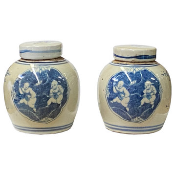 Pair Blue White Small Oriental Double Kids Porcelain Ginger Jars Hws1378