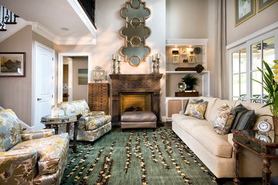 Mid-sized transitional open concept and formal dark wood floor living room photo in Other with beige walls, a standard fireplace, a wood fireplace surround and no tv