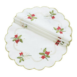 Xia Home Fashions - Holly Berry Embroidered Collection Doily, 12" Round, Set of 4 - Placemats