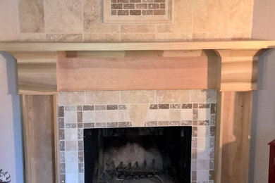Mid-sized elegant brown floor family room photo in Milwaukee with a corner fireplace and a tile fireplace