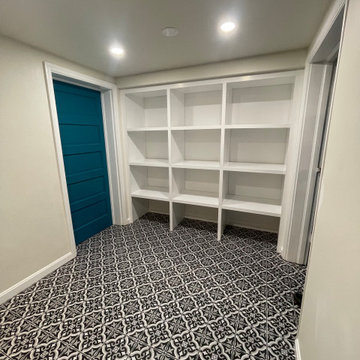 Basement Bathroom Addition with Custom Storage Shelves