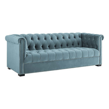 Heritage Upholstered Velvet Sofa, Sea Blue