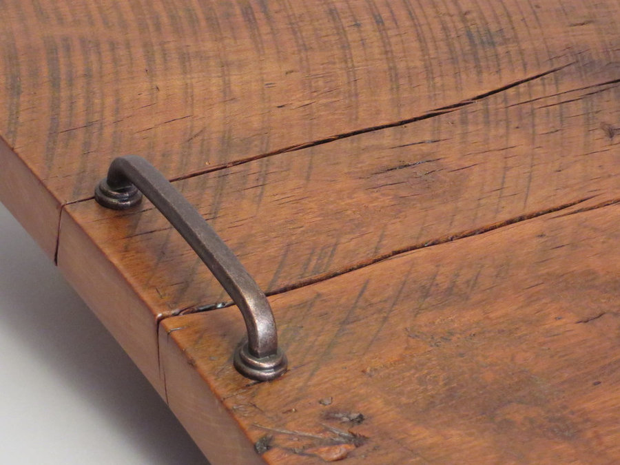 Tray 17023 DETAIL: Red Elm Threshing Floor, Footed, Rustic Surface, Pull Handles